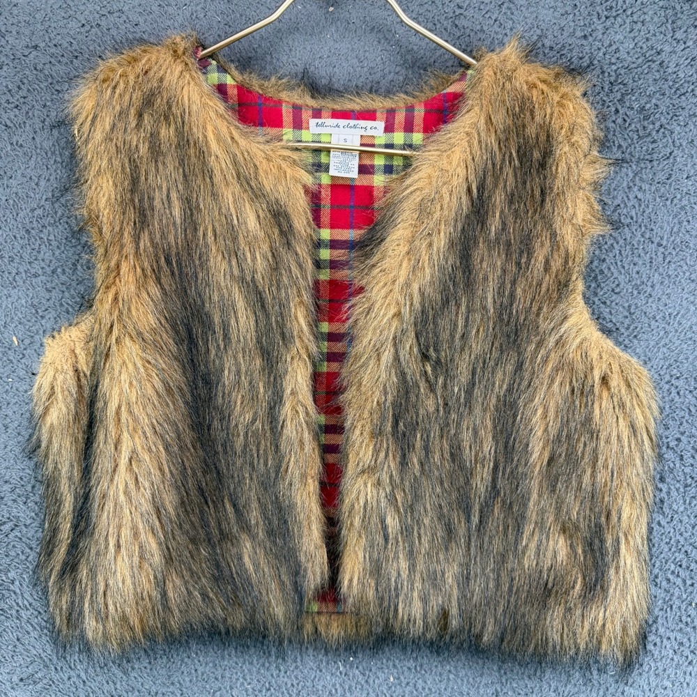 Telluride‎ Clothing Co Womens Small Brown Faux Fur Vest Plaid Lined Shaggy Boho
